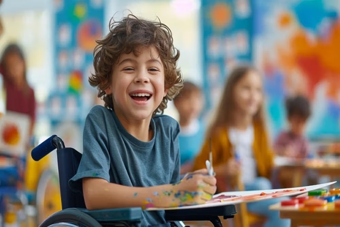 A happy young child in a wheelchair at school